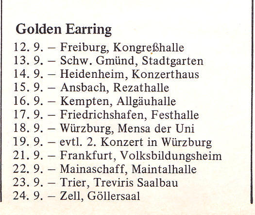 Germany Sound magazine September 1972 with Golden Earring September 1972 tour dates